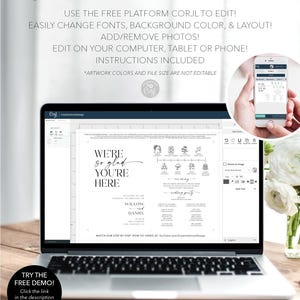 May include: A laptop displaying a wedding invitation template with the text "We're so glad you're here." The image also shows a smartphone and text that reads "Fully Editable Template." The template is designed by Creative Union Design.