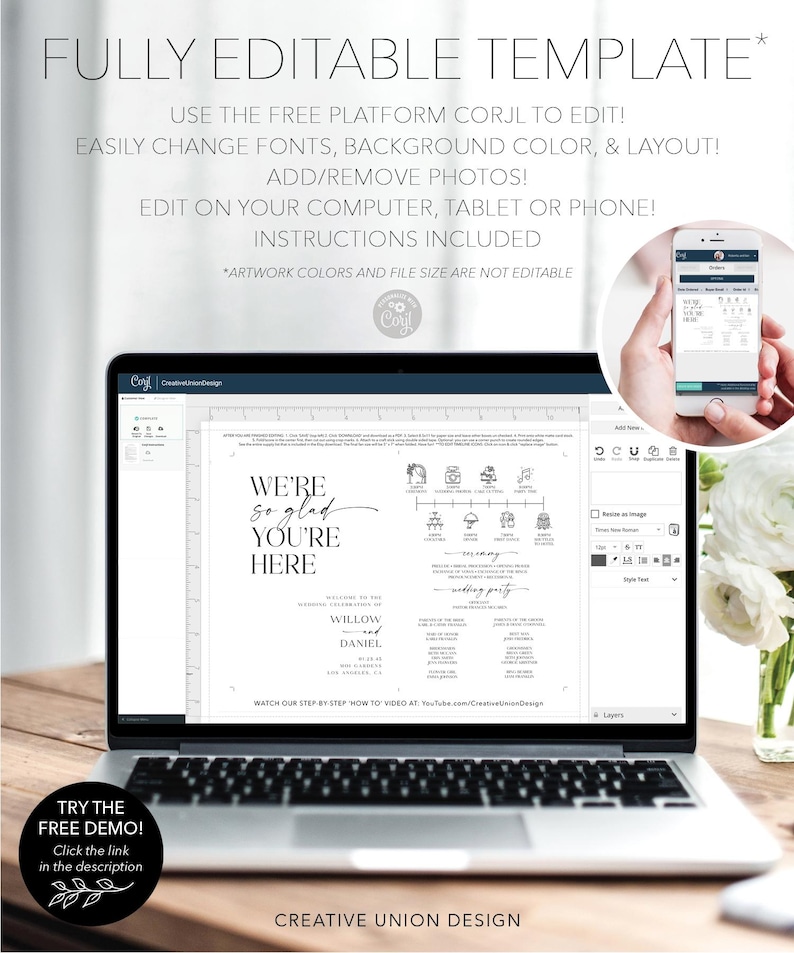 May include: A laptop displaying a wedding invitation template with the text "We're so glad you're here." The image also shows a smartphone and text that reads "Fully Editable Template." The template is designed by Creative Union Design.