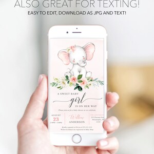 Puede incluir: Una invitaci&oacute;n digital para baby shower en la pantalla de un tel&eacute;fono inteligente con una ilustraci&oacute;n en acuarela de un elefante beb&eacute; con orejas rosas y un arreglo floral. El texto dice: ALSO GREAT FOR TEXTING! EASY TO EDIT, DOWNLOAD AS JPG AND TEXT! A SWEET BABY girl IS ON HER WAY, AUGUST 23, Willow ANDERSON y detalles del evento.