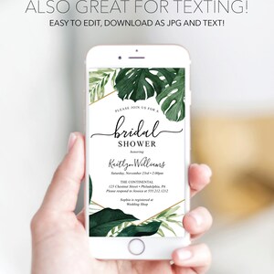 May include: A digital invitation for a bridal shower with a tropical theme. The invitation features a green and gold design with tropical leaves and the text "Please join us for a bridal shower honoring Kaitlyn Williams Saturday, November 23rd 2:00pm The Continental 123 Chestnut Street Philadelphia, PA Please respond to Jessica at 555.212.1212 Sophia is registered at Wedding Shop"