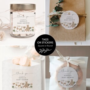 Op de afbeelding: Set van vier ronde en vierkante bedankkaartjes met een bosmotief. De kaartjes tonen een bruine beer, een hert, een vogel en bloemen. De tekst op de kaartjes luidt "Bedankt voor je komst naar Sophia's babyshower".