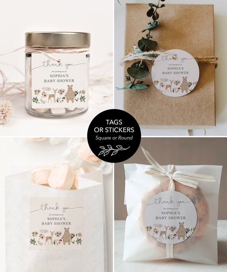 Op de afbeelding: Set van vier ronde en vierkante bedankkaartjes met een bosmotief. De kaartjes tonen een bruine beer, een hert, een vogel en bloemen. De tekst op de kaartjes luidt "Bedankt voor je komst naar Sophia's babyshower".