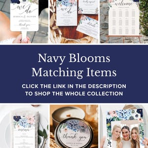 May include: A collection of wedding stationery featuring navy blue, blush pink, and white floral accents. Items include a hand fan, invitation suite, welcome seating chart, menu card, candle tin, and a bridal shower sign with floral borders.