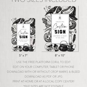 May include: Two Halloween-themed custom sign templates. The signs are 5" x 7" and 8" x 10" and feature a black and white design with pumpkins, skulls, and a spider. The text reads "Create Any Custom Sign".