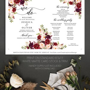 May include: A wedding program with floral accents in burgundy, white, and blush tones. The program includes the names Jessica & Oliver, the wedding date, and details of the ceremony and wedding party. The text reads "we do" and "thank you".