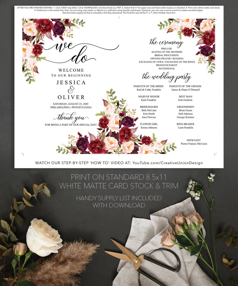 May include: A wedding program with floral accents in burgundy, white, and blush tones. The program includes the names Jessica & Oliver, the wedding date, and details of the ceremony and wedding party. The text reads "we do" and "thank you".