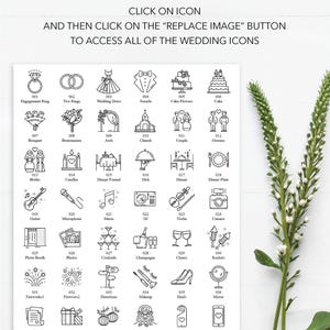 May include: A digital graphic with 42+ wedding-themed icons, including rings, a dress, cake, and more. Text at the top reads "42+ ICONS INCLUDED." Instructions are provided to access all icons. A sprig of greenery is on the right.