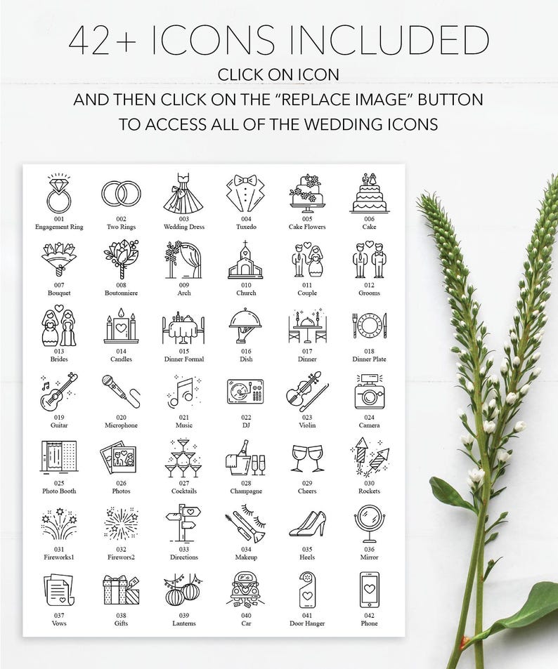 May include: A digital graphic with 42+ wedding-themed icons, including rings, a dress, cake, and more. Text at the top reads "42+ ICONS INCLUDED." Instructions are provided to access all icons. A sprig of greenery is on the right.