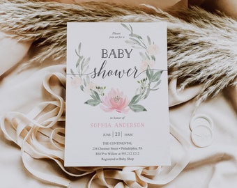 Baby Shower Invitation, Girl Baby Shower Invite, Editable Printable Invite, Boho Baby Shower Invites, Instant Download, Pastel Blush, Floral