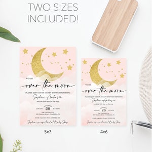 May include: Two baby shower invitation designs featuring a crescent moon and stars on a pink background with gold accents. The text reads "We are over the moon" and includes the name "Sophia Anderson" and the date "January 28". The invitations are available in 5x7 and 4x6 sizes.