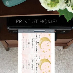 May include: Two printable baby shower invitations with a pink and gold color scheme. The invitations feature a crescent moon with gold glitter and stars. The text on the invitations reads "We are over the moon" and "Please join us for a baby shower honoring Sophia Anderson".
