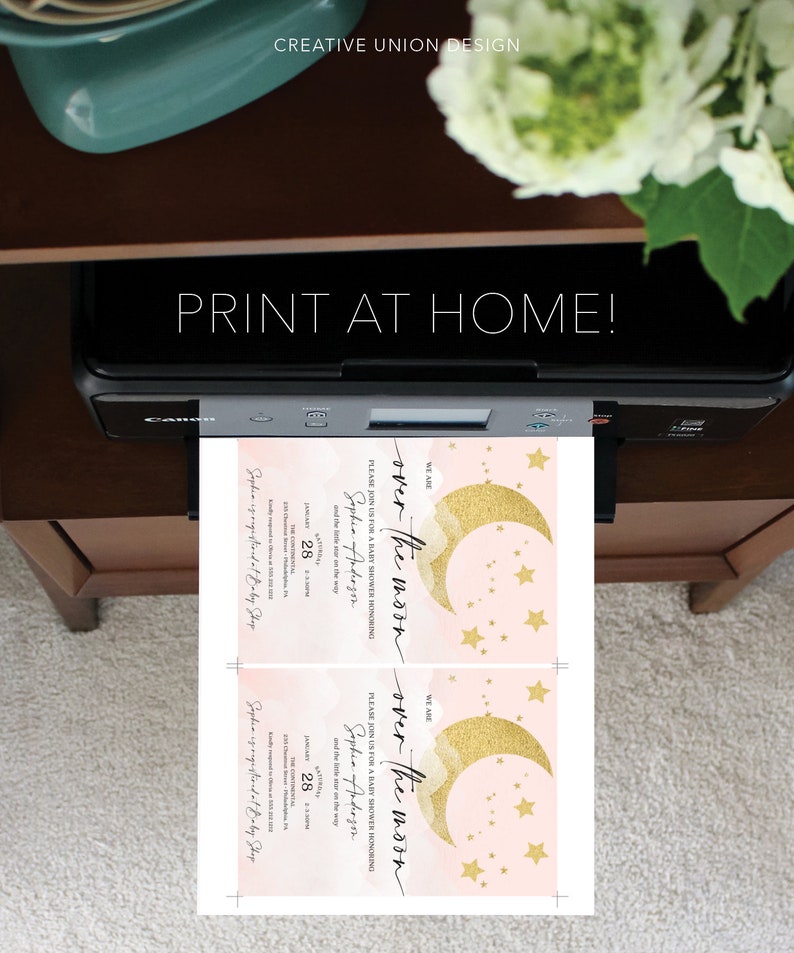 May include: Two printable baby shower invitations with a pink and gold color scheme. The invitations feature a crescent moon with gold glitter and stars. The text on the invitations reads "We are over the moon" and "Please join us for a baby shower honoring Sophia Anderson".