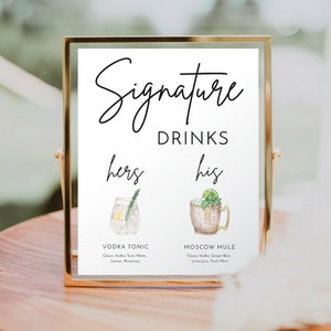 Mall för signaturmocktails, drinkskylt, utskrivbar signaturcocktailskylt, hans och hennes drinkskylt, drinkskylt, barmeny, modern minimalistisk bild 2