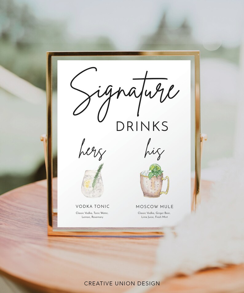 Mall för signaturmocktails, drinkskylt, utskrivbar signaturcocktailskylt, hans och hennes drinkskylt, drinkskylt, barmeny, modern minimalistisk bild 2