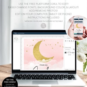 Puede incluir: Una pantalla de computadora port&aacute;til que muestra una plantilla de dise&ntilde;o digital rosa y dorada con una luna creciente, estrellas y nubes. El texto "Create any" es visible en la pantalla. La computadora port&aacute;til est&aacute; sobre una superficie de madera con una flor blanca en el fondo.