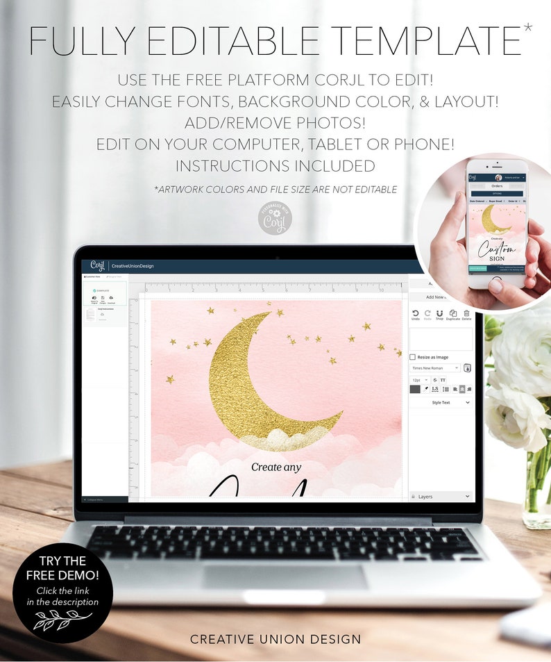 Puede incluir: Una pantalla de computadora port&aacute;til que muestra una plantilla de dise&ntilde;o digital rosa y dorada con una luna creciente, estrellas y nubes. El texto "Create any" es visible en la pantalla. La computadora port&aacute;til est&aacute; sobre una superficie de madera con una flor blanca en el fondo.