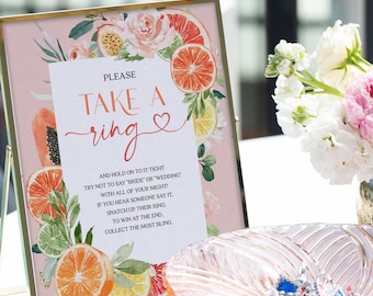 Put A Ring On It Game Sign, Lemon Bridal Shower Sign File, Bridal Shower Games, Ring Game, Floral Bridal Shower Decor, Tropical Citrus, Game