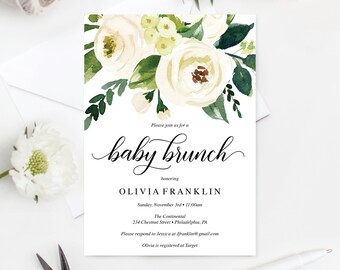 Baby Shower Invitation -  Baby Brunch Invite - Editable - Printable - Gender Neutral - Baby Brunch Invites - Instant Download - White Roses