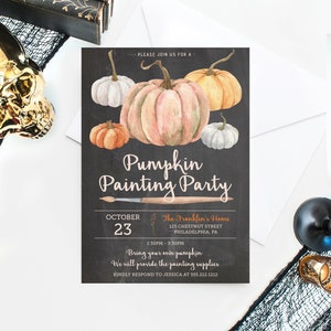 May include: A chalkboard-style invitation for a pumpkin painting party. The design features watercolor pumpkins in shades of orange, pink, and white. Text includes the date, time, location, and a request to bring your own pumpkin.