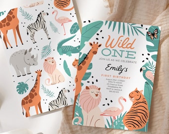 May include: A colorful invitation for a first birthday party with a jungle theme. The invitation features a giraffe, lion, tiger, zebra, flamingo, and a parrot. The text on the invitation reads "Wild One" and "Emily's First Birthday".
