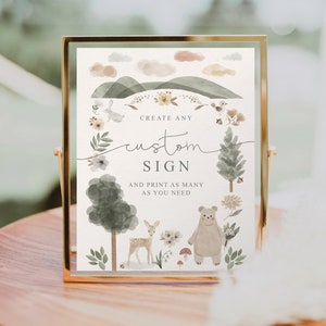 Bearbeitbare benutzerdefinierte Schildvorlage, benutzerdefinierte Babypartyschild, Gefälligkeiten, Geschenke und Karten, druckbare Tischschilder, geschlechtsneutral, Boho Woodland, Bär