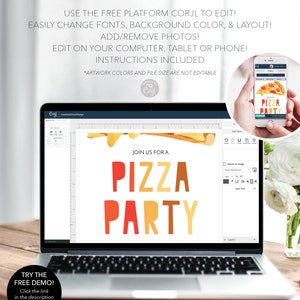 Puede incluir: Una pantalla de computadora port&aacute;til que muestra una plantilla de invitaci&oacute;n a una fiesta de pizza. La plantilla est&aacute; dise&ntilde;ada con un gr&aacute;fico de pizza colorido y el texto "Join us for a Pizza Party". La invitaci&oacute;n es editable usando la plataforma Corjl.