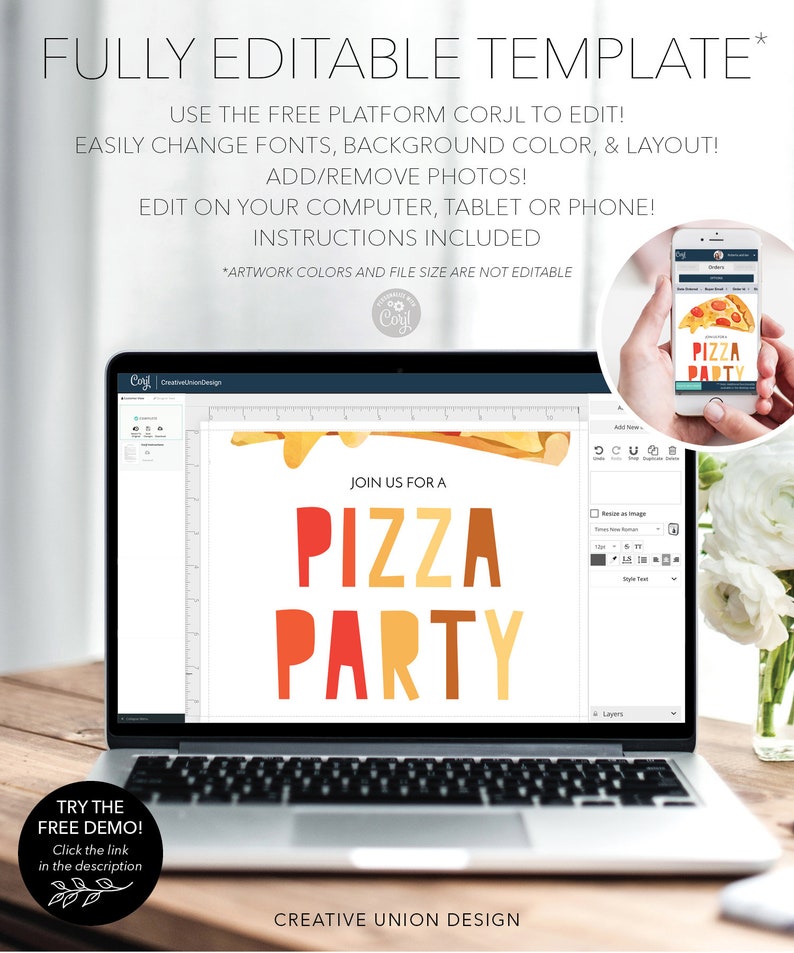 Puede incluir: Una pantalla de computadora port&aacute;til que muestra una plantilla de invitaci&oacute;n a una fiesta de pizza. La plantilla est&aacute; dise&ntilde;ada con un gr&aacute;fico de pizza colorido y el texto "Join us for a Pizza Party". La invitaci&oacute;n es editable usando la plataforma Corjl.