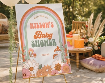 PRINTED & FREE SHIPPING Groovy Baby Shower Welcome Sign | Personalized Baby Shower Decor | Boho Baby Shower | Retro | Hippie Baby Shower