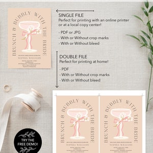 Op de afbeelding: Een printbare uitnodiging voor een bruidsbrunch met de tekst "Brunch & Bubbly with the Bride" en een roze champagnefluit met roze bloemen en een roze lint. De uitnodiging bevat de naam van de bruid, Sophia Williams, en de datum en tijd van het evenement.