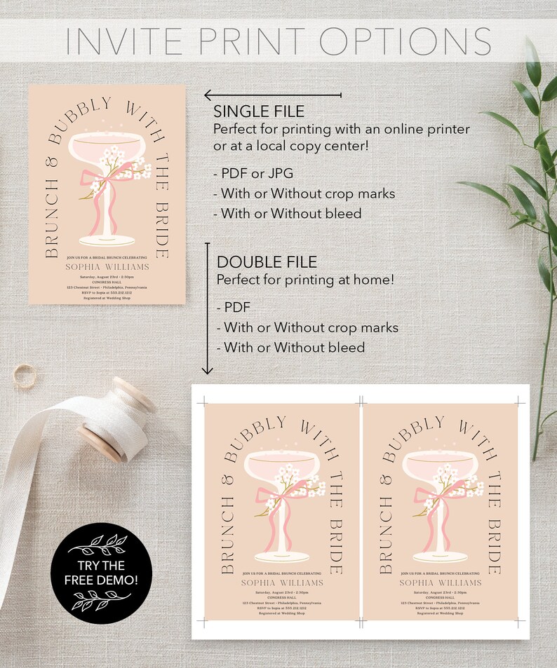 Op de afbeelding: Een printbare uitnodiging voor een bruidsbrunch met de tekst "Brunch & Bubbly with the Bride" en een roze champagnefluit met roze bloemen en een roze lint. De uitnodiging bevat de naam van de bruid, Sophia Williams, en de datum en tijd van het evenement.