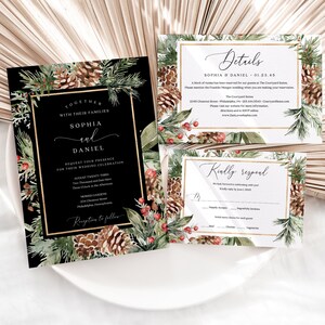 May include: Wedding stationery set with a black invitation card, gold borders, and text, framed by watercolour pinecones and foliage. Includes details and RSVP cards. The text reads "Together with their families, Sophia and Daniel."