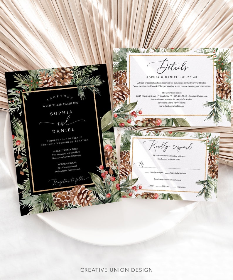 May include: Wedding stationery set with a black invitation card, gold borders, and text, framed by watercolour pinecones and foliage. Includes details and RSVP cards. The text reads "Together with their families, Sophia and Daniel."