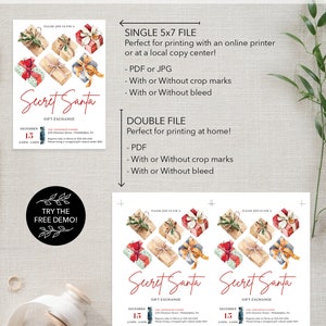 Pu&ograve; includere: Un invito stampabile per lo scambio di regali di Secret Santa. Il design presenta illustrazioni ad acquerello di regali confezionati con fiocchi. Il testo include "Secret Santa" in corsivo rosso e i dettagli dell'evento.