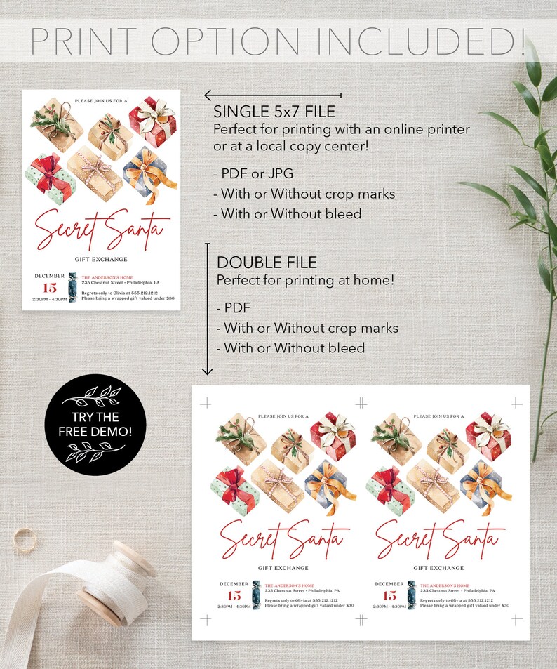 Pu&ograve; includere: Un invito stampabile per lo scambio di regali di Secret Santa. Il design presenta illustrazioni ad acquerello di regali confezionati con fiocchi. Il testo include "Secret Santa" in corsivo rosso e i dettagli dell'evento.