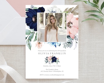 Graduation Announcement Template - Graduation Invitation with Photo - Graduation Invite - Printable - 2019 - Instant Download - Navy Blooms