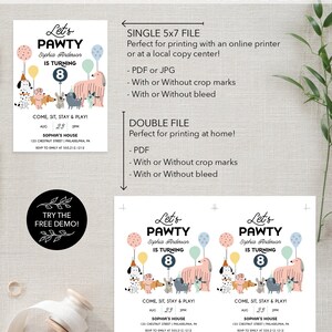 May include: Printable invitation for a dog-themed birthday party. The invitation features a colorful illustration of dogs and balloons with the text "Let's Pawty" and "Sophia Anderson is turning 8".