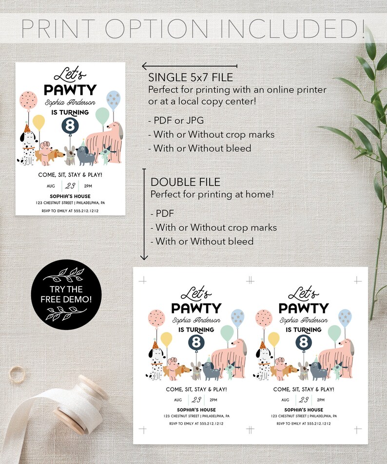 May include: Printable invitation for a dog-themed birthday party. The invitation features a colorful illustration of dogs and balloons with the text "Let's Pawty" and "Sophia Anderson is turning 8".