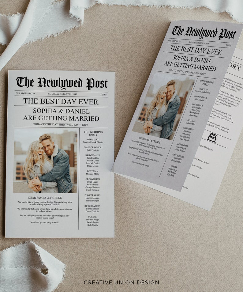 Newspaper Wedding Program Template, Printable Wedding Programs with Timeline, Infographic, Folded Program, Newspaper Editable Template, A4 image 2
