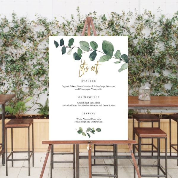 Eucalyptus Menu Sign, Let's Eat, Printable Wedding Menu Sign, Editable Wedding Sign, Decor, Food, Instant Download, Modern, Greenery