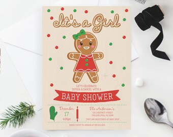 It's A Girl Baby Shower Invitation Template, Printable Baby Shower Girl Invite, Editable Christmas Gingerbread, Baking, Baby Girl, Holiday