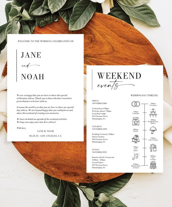 Minimal Aesthetic Wedding Itinerary Template, Printable Wedding Welcome Bag Letter, Timeline, Weekend Schedule, Information for Guests