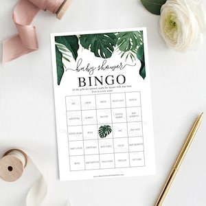 Baby Shower Bingo 60 Game Sheets Baby Shower Games Gender Neutral Baby Shower Instant Download Tropical Monstera Greenery image 1