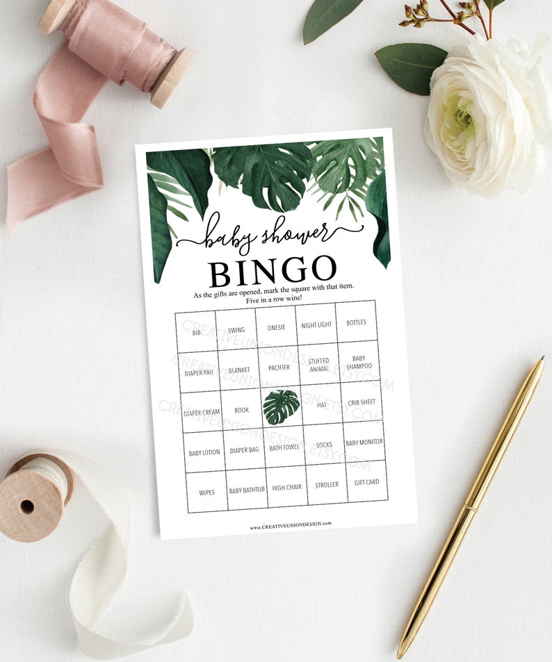 Baby Shower Bingo 60 Game Sheets Baby Shower Games Gender Neutral Baby Shower Instant Download Tropical Monstera Greenery image 1