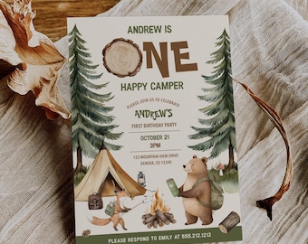 One Happy Camper First Birthday Party Invite Printable 1st Birthday Invite Editable Template Bear Birthday Invite Camping Birthday Party