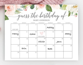 Baby Due Date Calendar Sign Template, Guess the Birthday, Baby Shower Game, Editable, Instant Download, Blushing Blooms, Girl Baby Shower