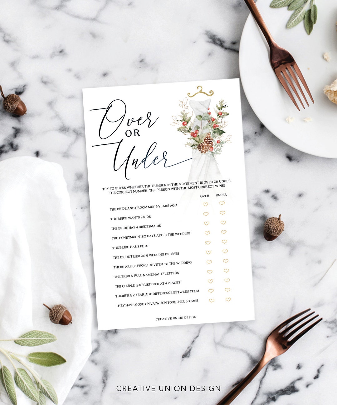 Elegant Watercolor Christmas Bridal Shower Game, Over Under, Wedding ...