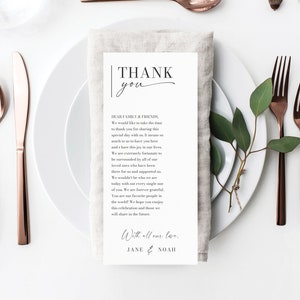 Modello di ringraziamento per matrimonio minimalista, biglietto di ringraziamento stampabile, menu modificabile, lettera di ringraziamento, nota sul tovagliolo, apparecchiatura del posto, estetica minimalista