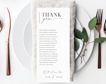 Minimal Wedding Thank You Template, Printable Thank You Card, Editable Menu, Thank You Letter, Napkin Note, Place Setting, Minimal Aesthetic