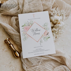 Baptism Invite Template, Rose Gold, Editable Baptism Invitation Girl, First Holy Communion Invitation, Baptism, Download, Pastel Blush