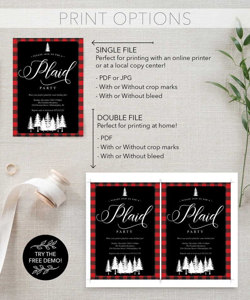 May include: A black and red plaid party invitation with white text. The invitation includes the words "Plaid Party" in a decorative font, with a pine tree and forest graphic. Print options are listed.